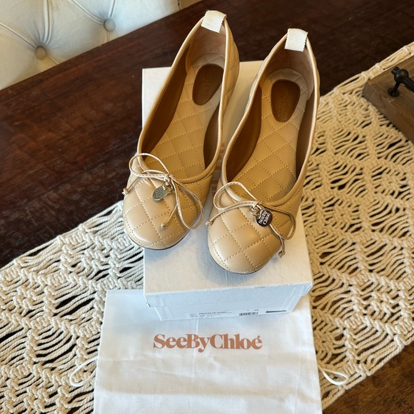 See By Chloe Jodie Quilted Bow Ballerina Flats - Nude - Size 39 - New in Box
